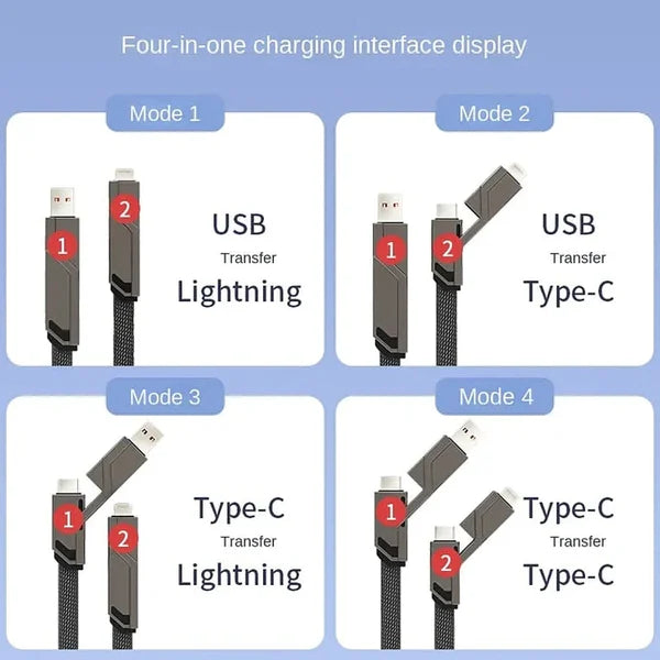 Cable Cargador Anti-Enredos Trenzado Plano 4 en 1 con Velcro - Envío Gratis