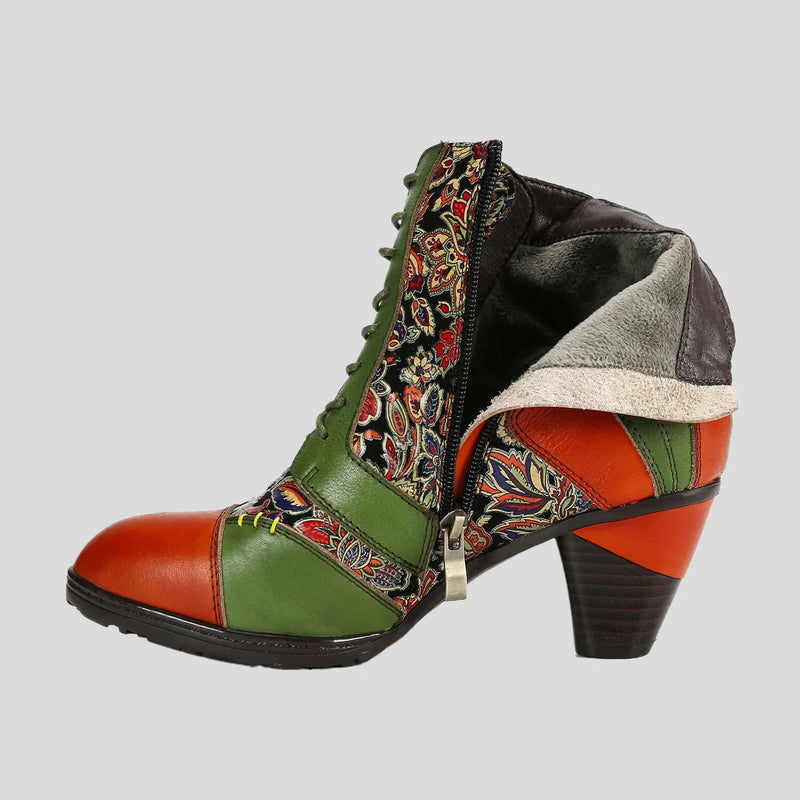 BOTINES RETRO DE PATCHWORK DE CUERO HECHOS A MANO-JH11